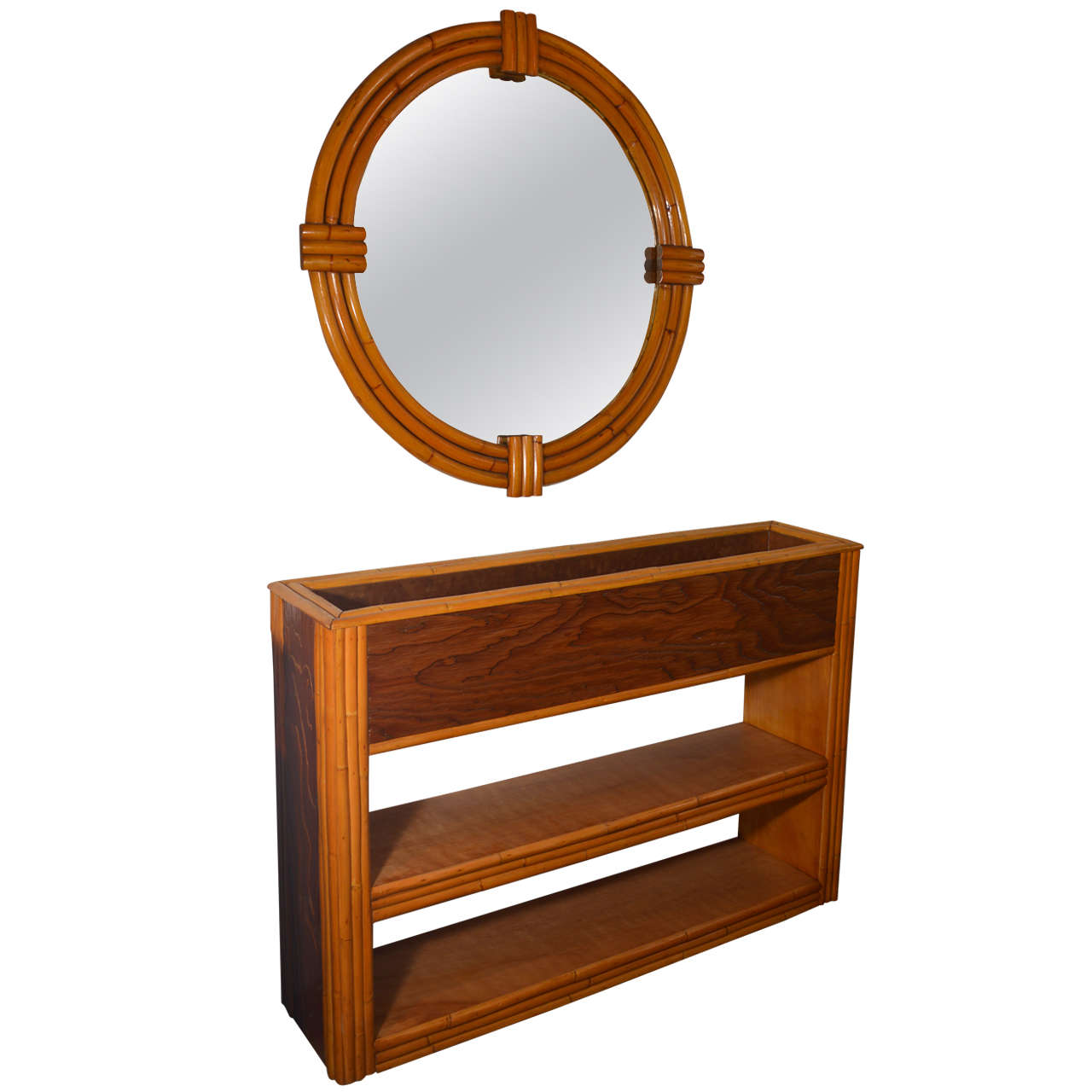 Vintage rattan planter/shelf and mirror For Sale at 1stdibs