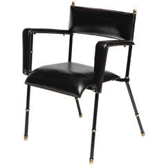 Set of Four Black Leather Armchairs by Jacques Adnet
