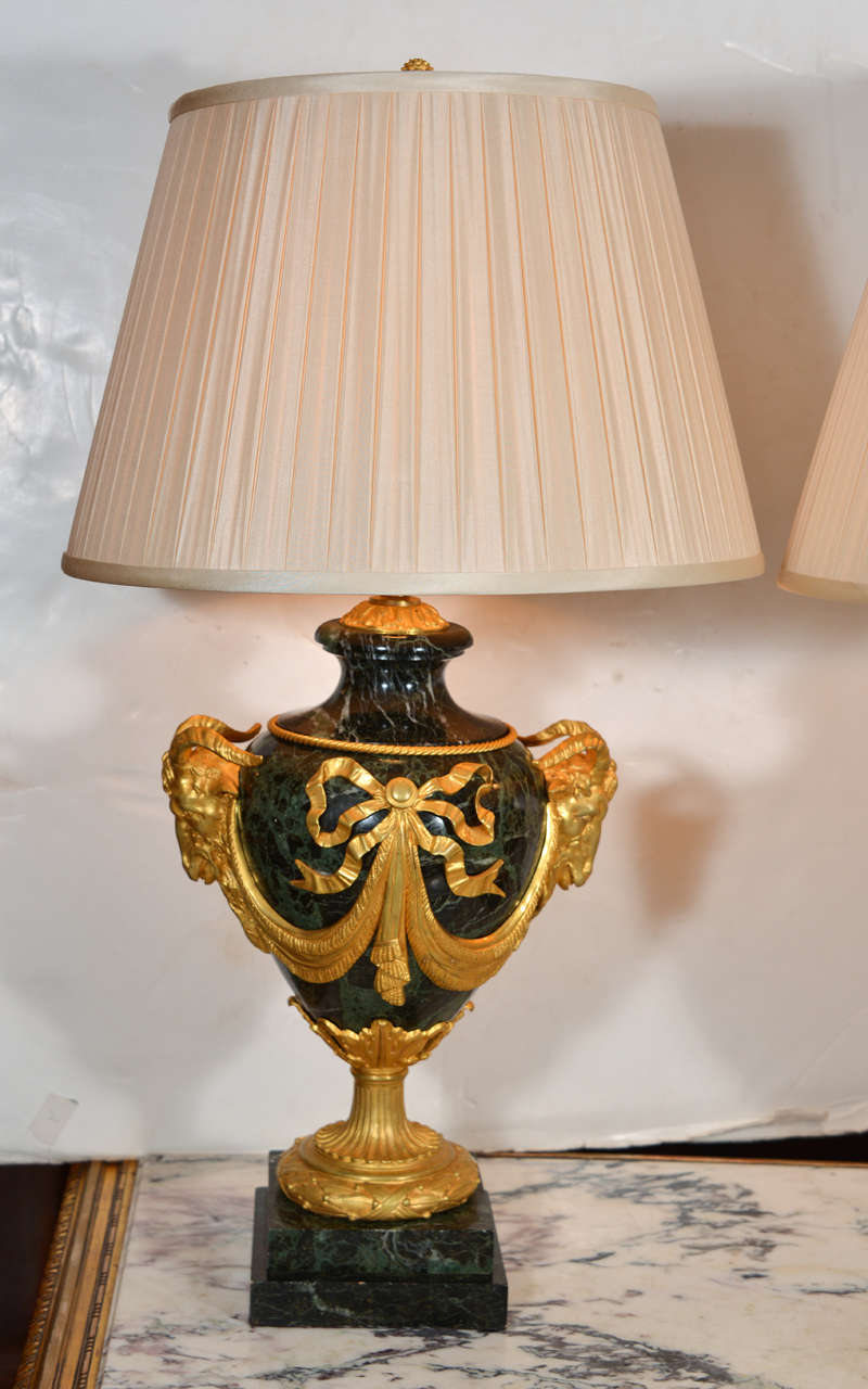 pair of 19th c Louis XVI marble and bronze dore urn lamps