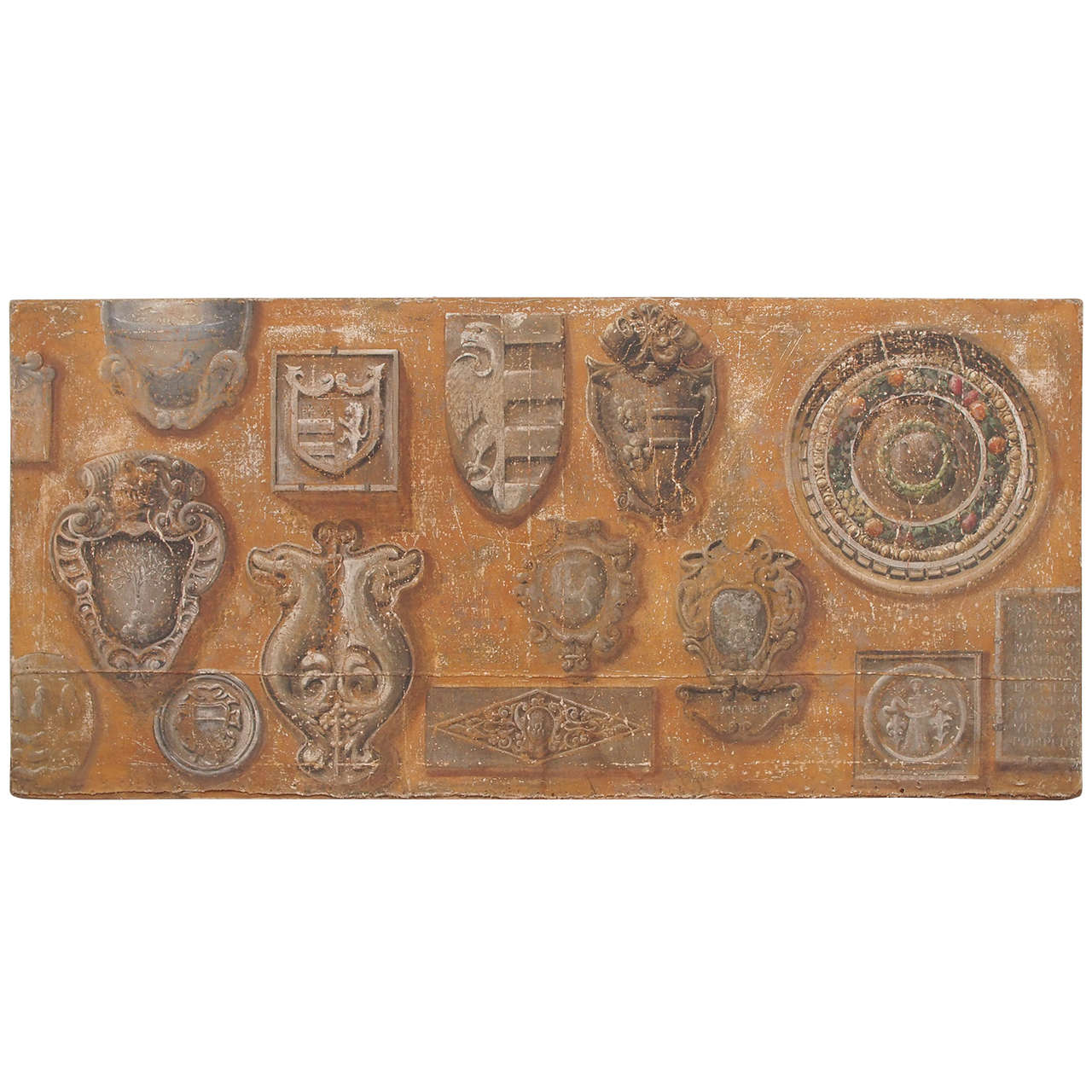 Large Antique Painting of a Mounted Collection of Stone Fragments and Emblems