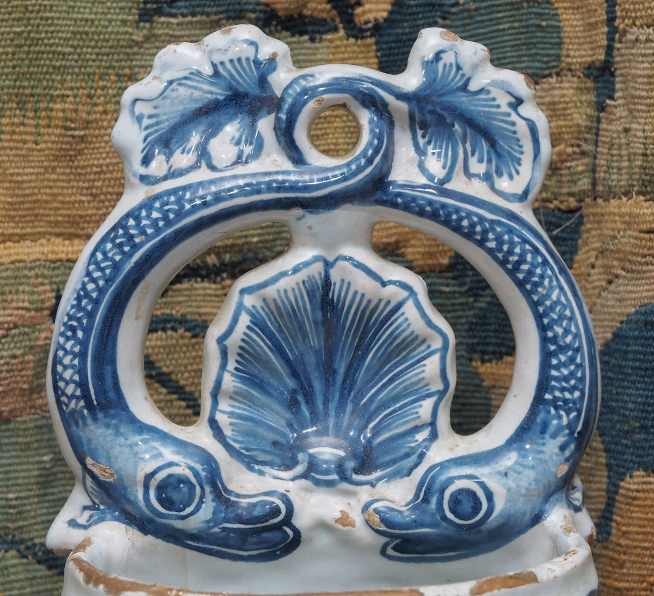 French 18th Century Blue and White Lavabo with Dolphins