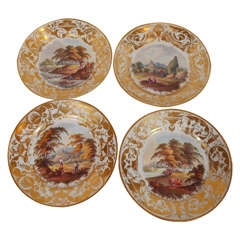 Set of Nine Derby Topographical Dishes with Named Scenes & Gilded Borders