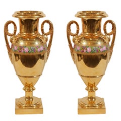 Pair Paris Porcelain Golden Mantle Vases Made in France Circa 1830