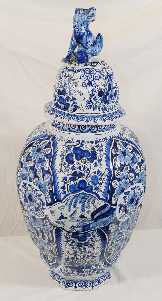 A Pair of Large Blue and White Dutch Delft Covered Vases