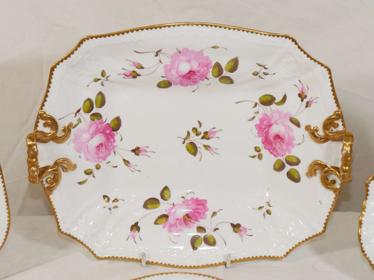 Victorian A Set of Sixteen Dishes: A Dessert Service Decorated with Pink Roses