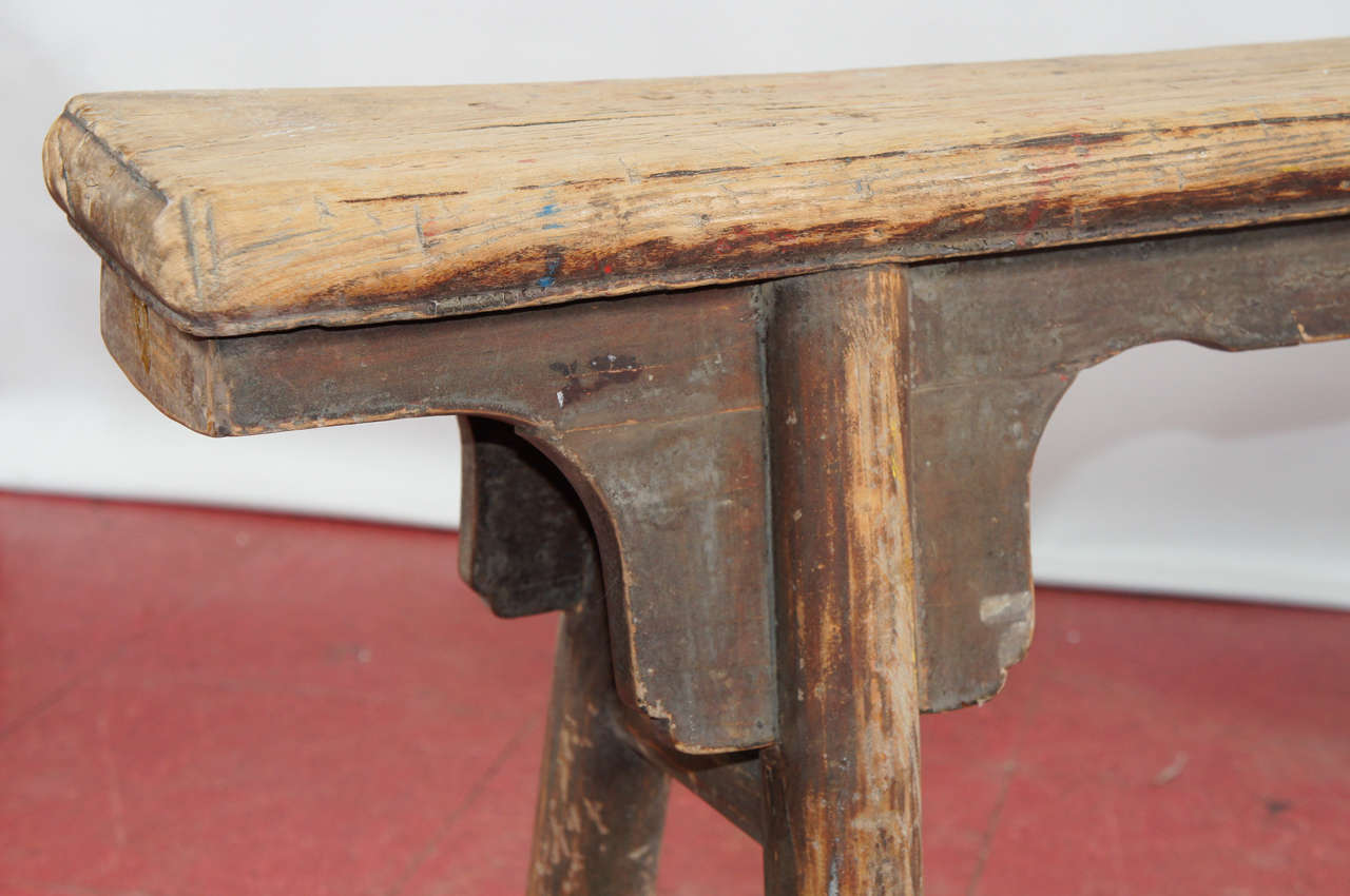 19th Century Primitive Chinese Wood Bench In Distressed Condition In Sheffield, MA