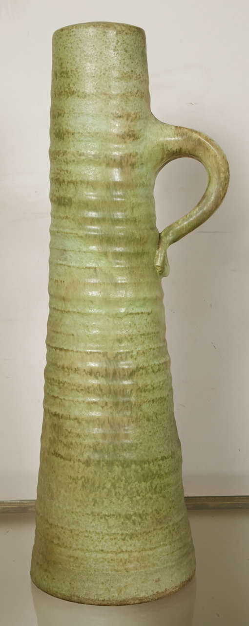 High stoneware ceramic with handle signed Mobach on the bottom with two little holes in order to be transformed in a lamp if needed. Condition is perfect and very unusual for this size, larger set available