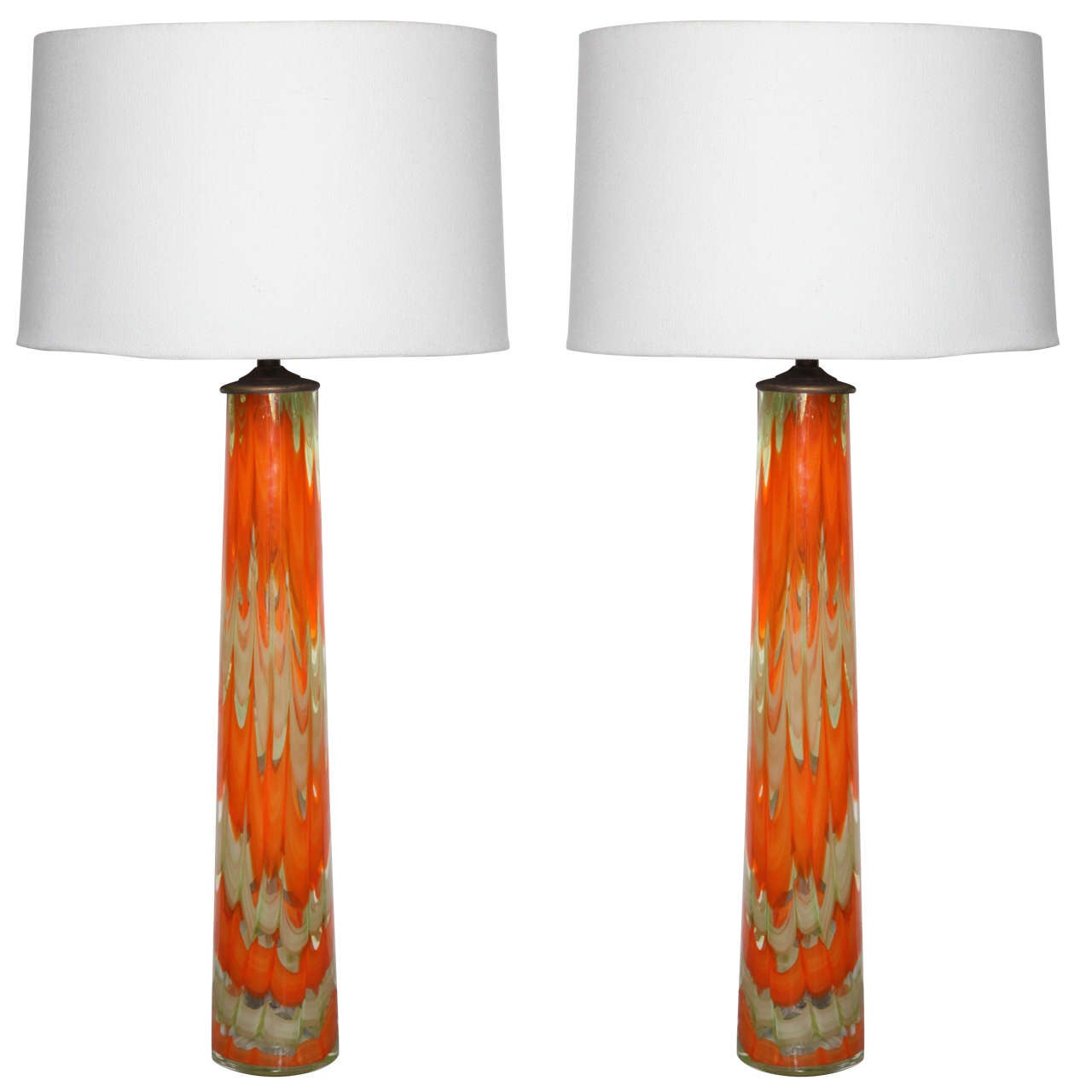 Pair of Midcentury Orange and Frosted White Murano Glass