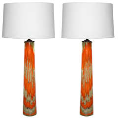 Pair of Midcentury Orange and Frosted White Murano Glass