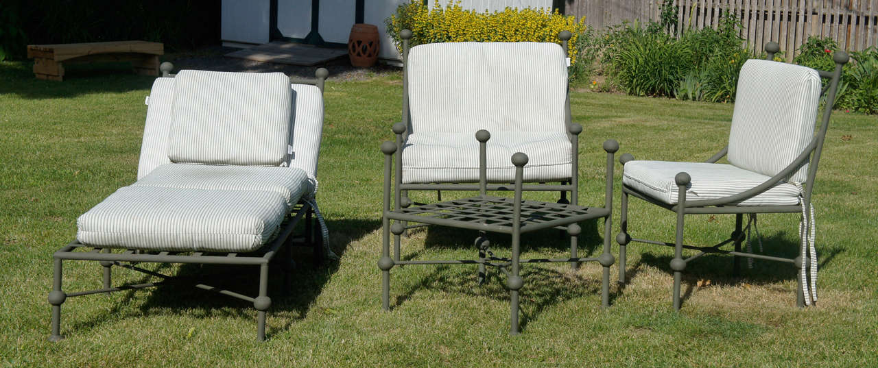 This large vintage set part of the Kress collection circa 1970 consists of 10 pieces. This includes two large chaise lounges that are adjustable, a very large pair of club chairs, two ottomans or table bases depending on how they are used and 4