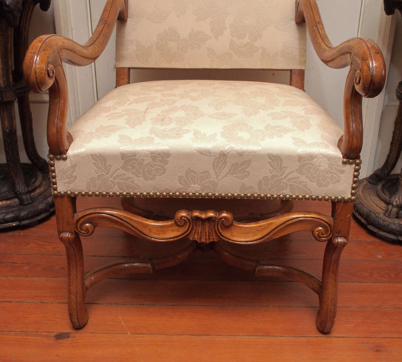 French Pair of Early 18th Century Tall Back Armchairs of Fruitwood
