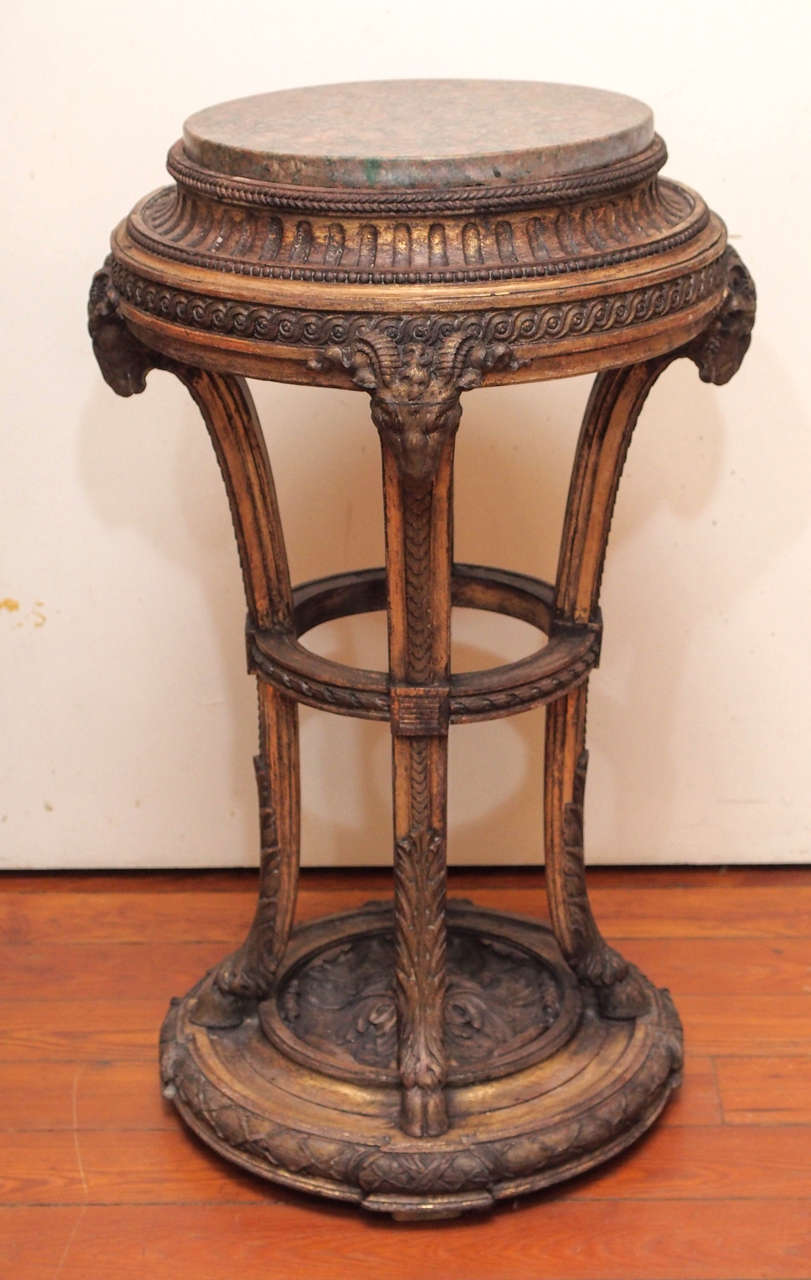 19th c. Gilt Wood Porte Potiche (Fishbowl stands) in the Louis XVI style now having a granite top to be used as stands, pedestals  or tables. These would not have had tops originally as the bowl sat directly on the rim and the tops are a recent