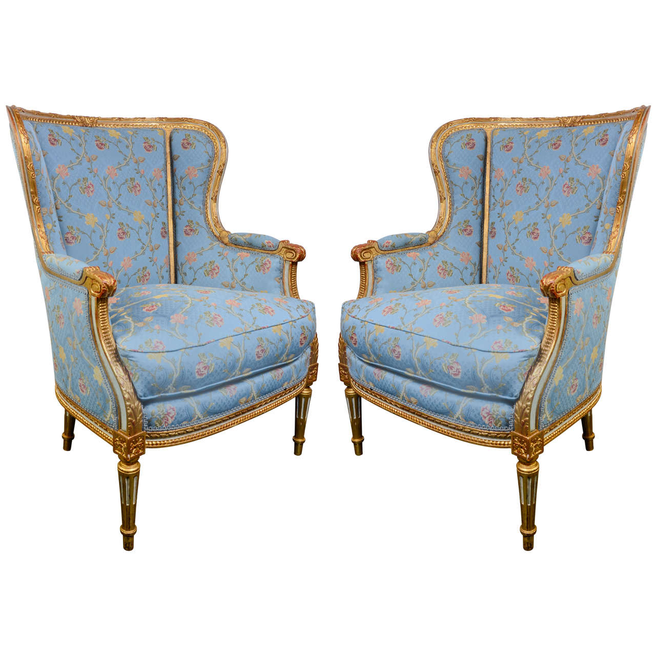 Pair of Gilded and Painted Wood Bergères For Sale