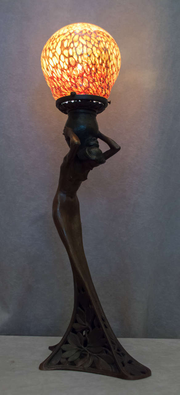 Art Nouveau Bronze and Art Glass Figural Lamp 1