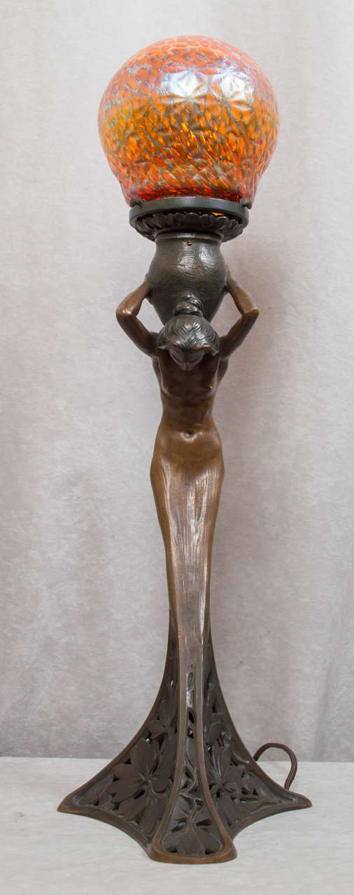 Art Nouveau Bronze and Art Glass Figural Lamp 2