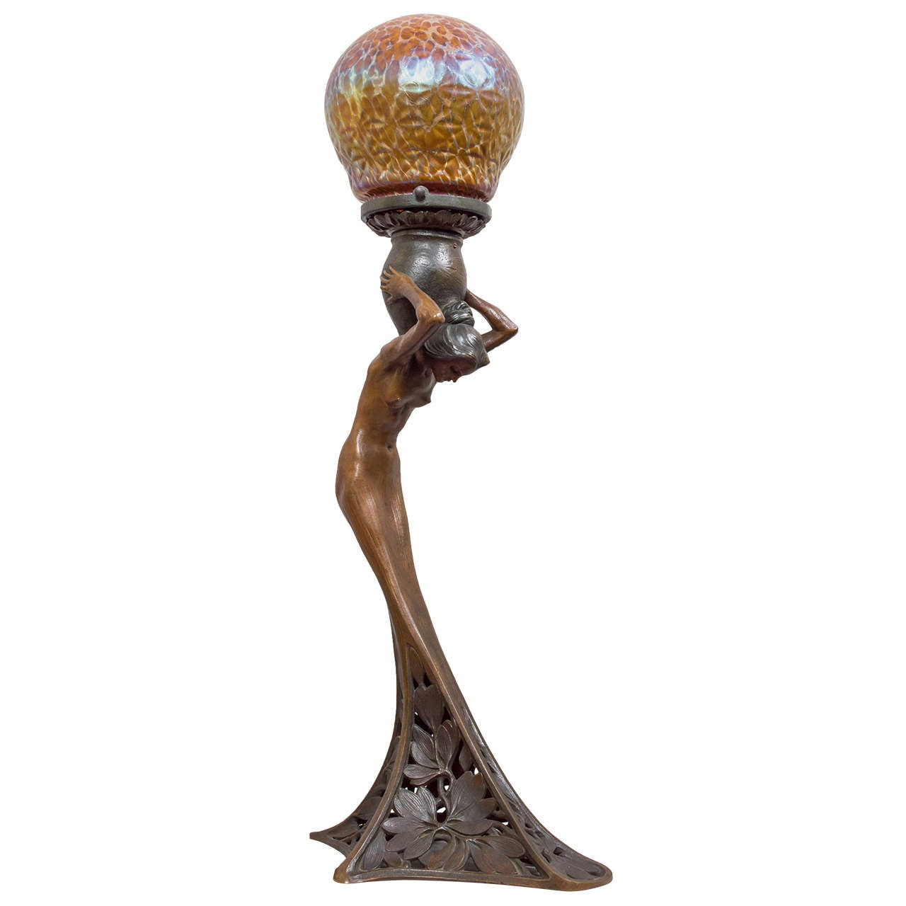 Art Nouveau Bronze and Art Glass Figural Lamp