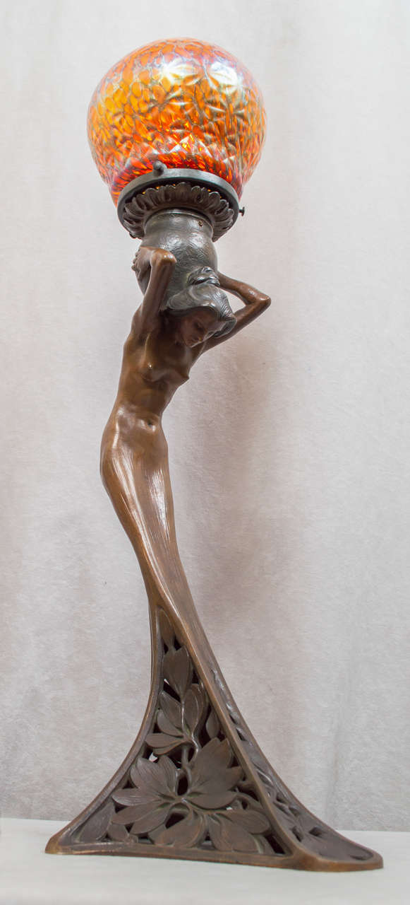 Art Nouveau Bronze and Art Glass Figural Lamp at 1stdibs