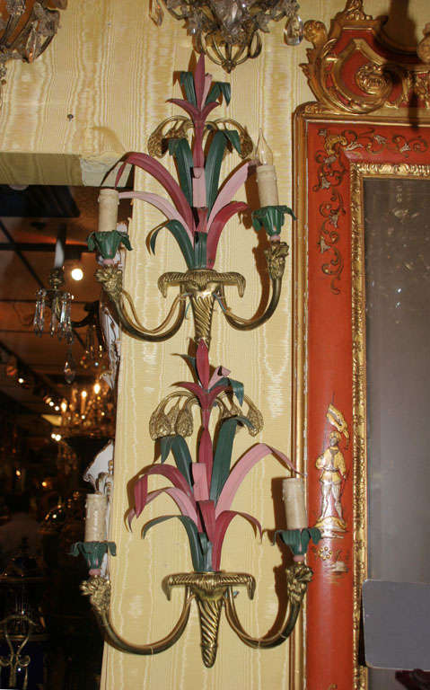 Unusual Pair of Bronze and Tole Oriental Style Sconces