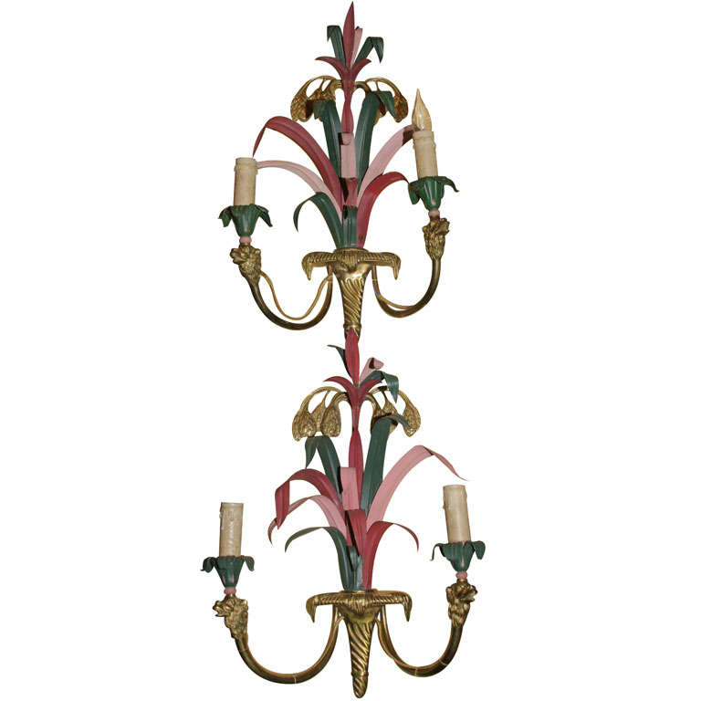 Unusual Pair of Bronze and Tole Oriental Style Sconces