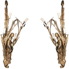 Pair of Art Nouveau Gilt Bronze Figural Sconces, Signed