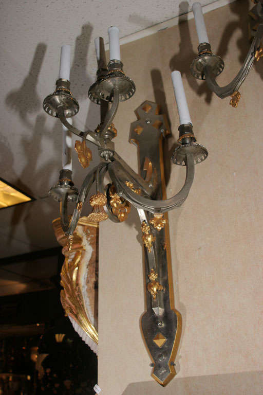 French Highly Unusual Pair of Steel and Gilt Bronze Mixed-Style Sconces For Sale