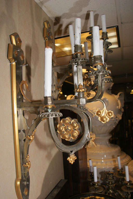 Highly Unusual Pair of Steel and Gilt Bronze Mixed-Style Sconces For Sale 3
