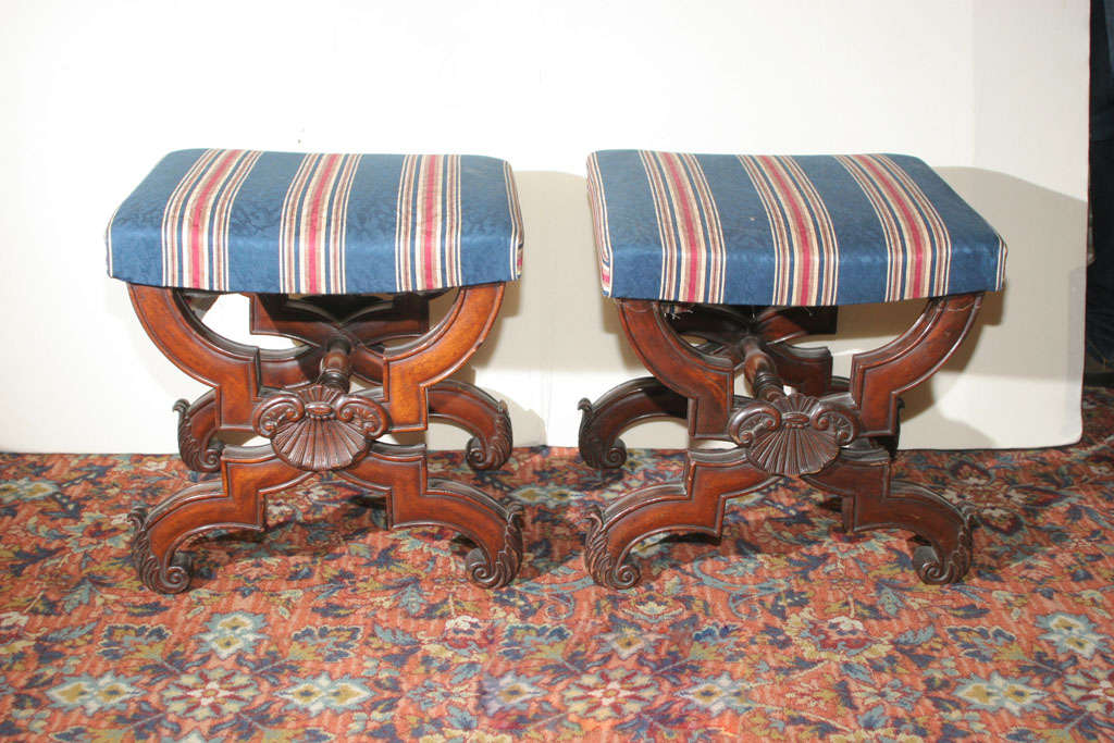 Pair of French Carved Wood  X-Stools/Tabourets