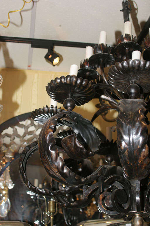French Large arts and crafts style patinated bronze chandelier For Sale