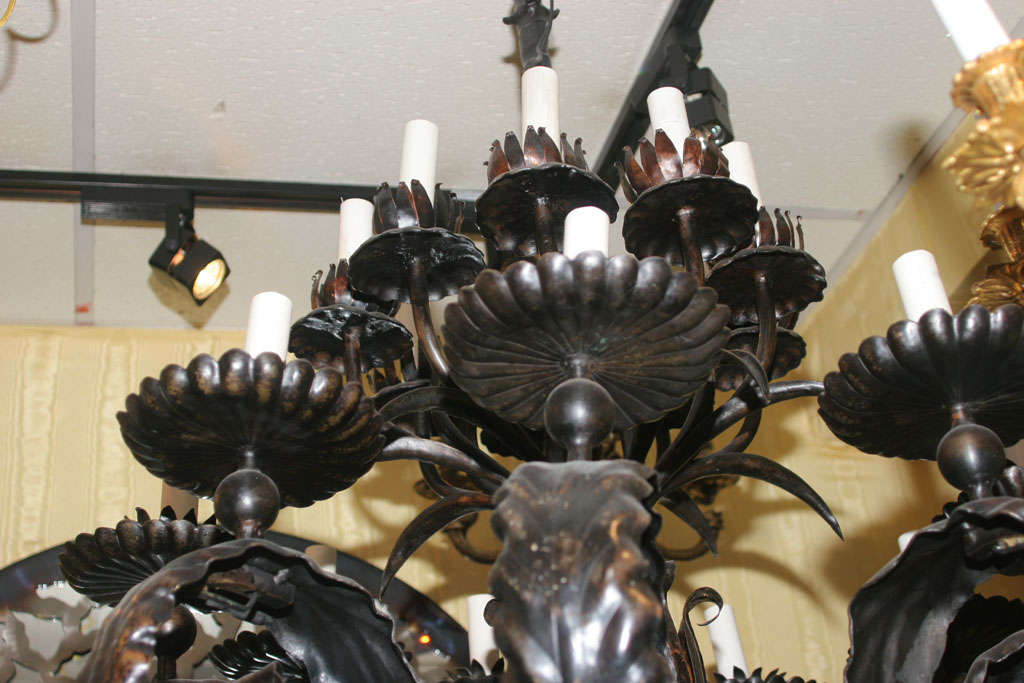 Large arts and crafts style patinated bronze chandelier In Good Condition For Sale In New York, NY