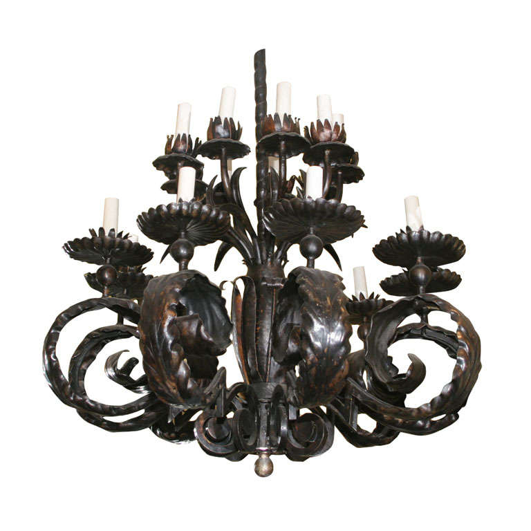 Large arts and crafts style patinated bronze chandelier
