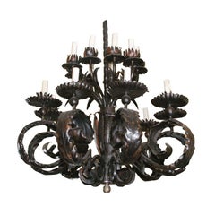 Large Arts and Crafts Style Patinated Bronze 18-Light Chandelier