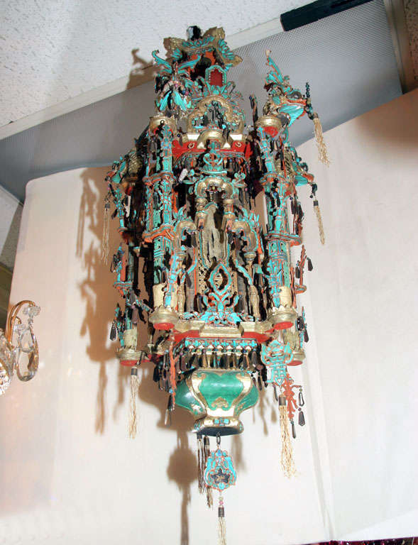 19th Century Unprecedented Chinese Kingfisher Chandelier Lantern