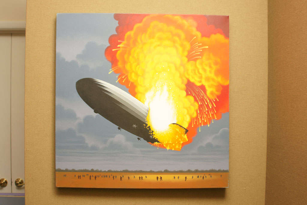 Ein Gemälde der berühmten Hindenburg-Katastrophe von 1937. Dies wurde als Illustration in SHIPS OF THE AIR verwendet, einem Buch der preisgekrönten Kinderbuchautorin und Illustratorin Lynn Curlee. Das Buch wurde 1996 von Houghton Mifflin