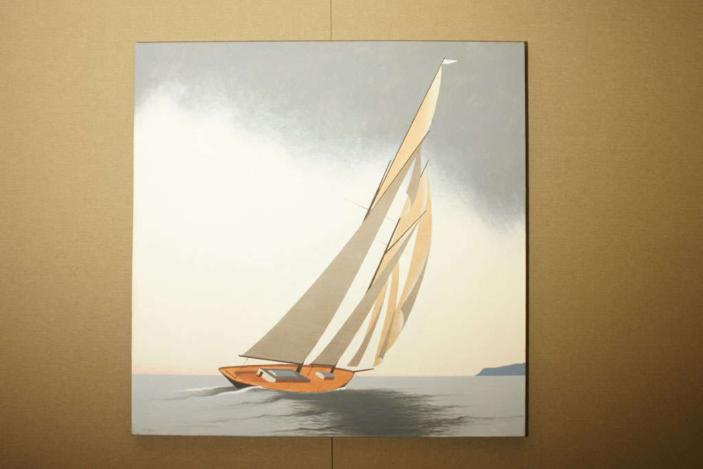 A painting of a sailing vessel from a series of 10 paintings by Lynn Curlee,titled Nautical Variations. These paintings were exhibited at Gallery Henoch in SoHo in 1988.
