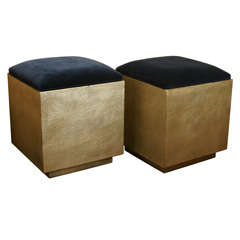 Pair Of Silver Leafed Grass Cloth Ottomans