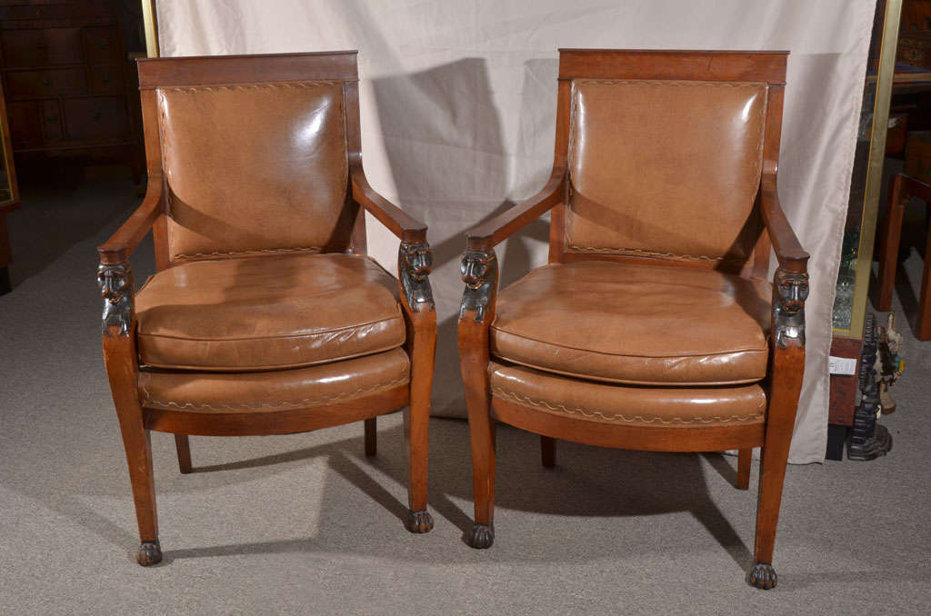 Pair Charles X Arm Chairs Lion's Head Supports