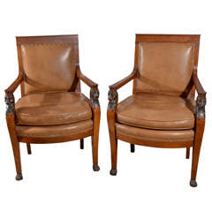 Antique Pair Charles X Arm Chairs Lion's Head Supports