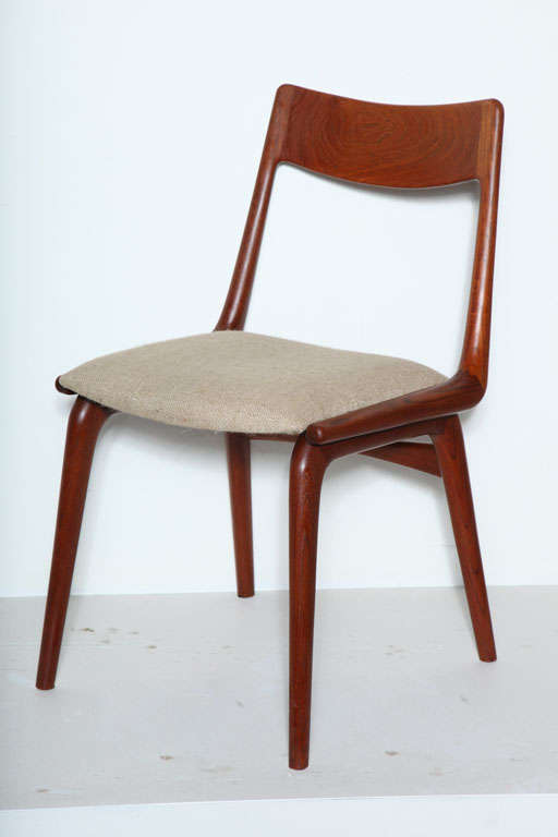 Set of 6 Teak Boomerang Dining Chairs with Burlap Seats