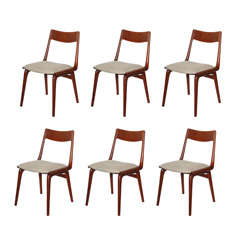 Set of 6 Teak Boomerang Dining Chairs with Burlap Seats