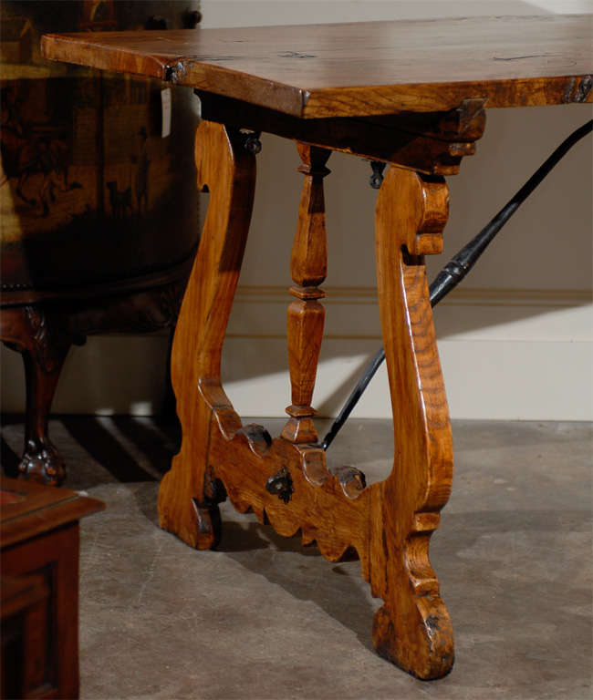 19th Century Italian Long Wooden Table with Iron Stretchers and Lyre Legs In Excellent Condition In Atlanta, GA