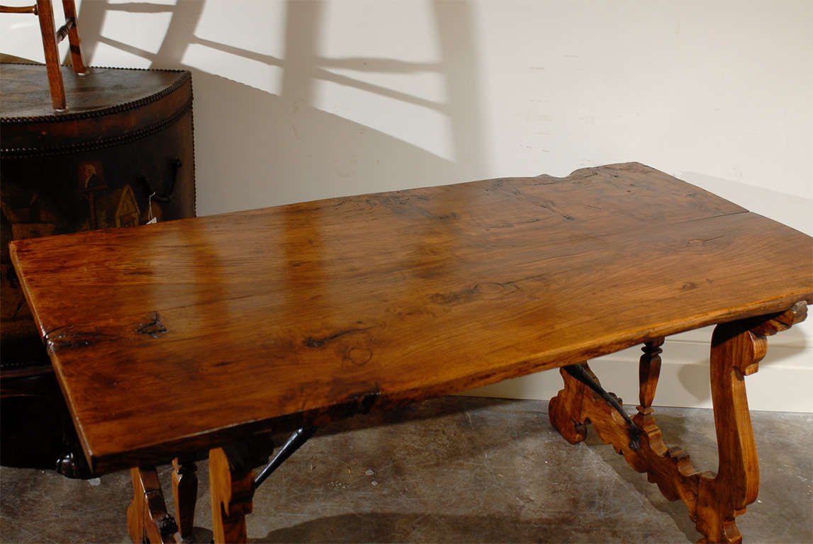 19th Century Italian Long Wooden Table with Iron Stretchers and Lyre Legs 2