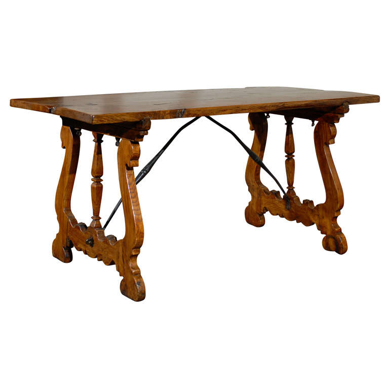 19th Century Italian Long Wooden Table with Iron Stretchers and Lyre Legs