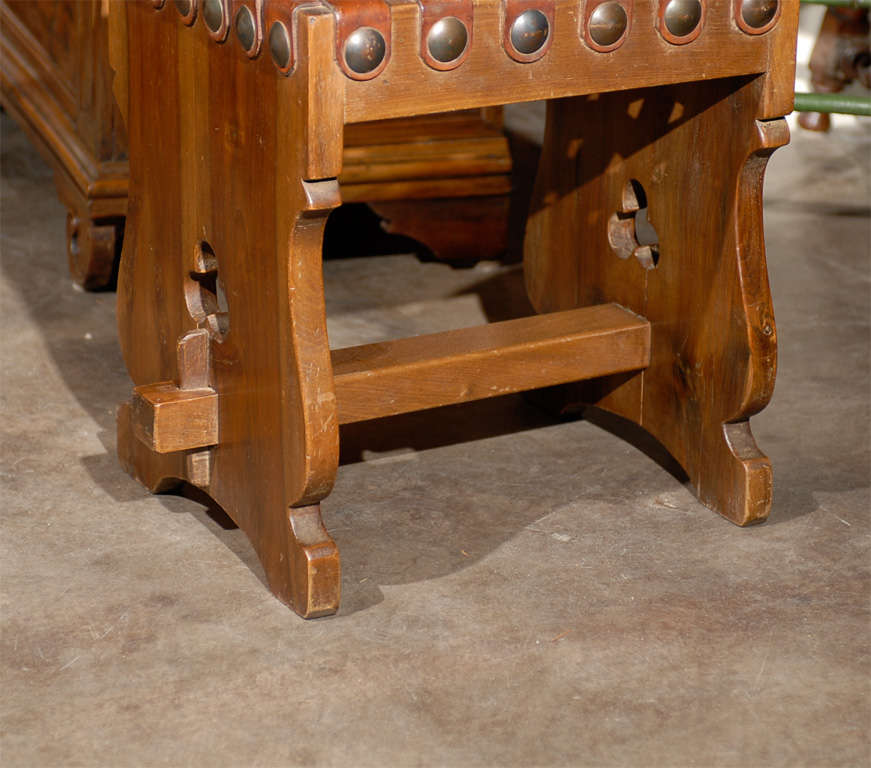 Spanish Woven Leather Top Stool with Trestle Base and Pierced Motifs In Good Condition For Sale In Atlanta, GA