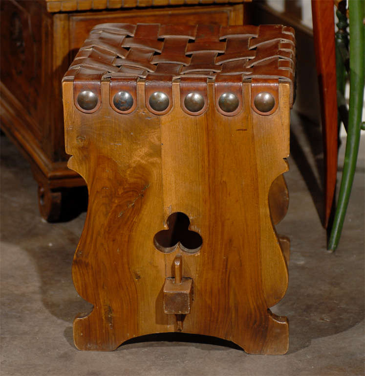 Wood Spanish Woven Leather Top Stool with Trestle Base and Pierced Motifs For Sale