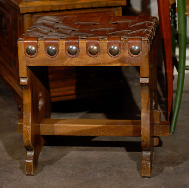 Spanish Woven Leather Top Stool with Trestle Base and Pierced Motifs For Sale 1