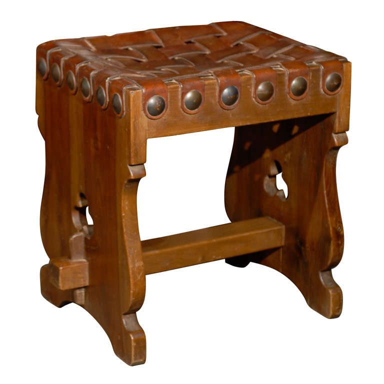 Spanish Woven Leather Top Stool with Trestle Base and Pierced Motifs For Sale