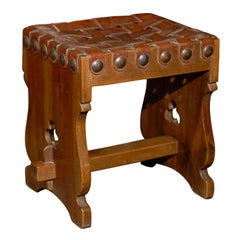 Spanish Woven Leather Top Stool with Trestle Base and Pierced Motifs