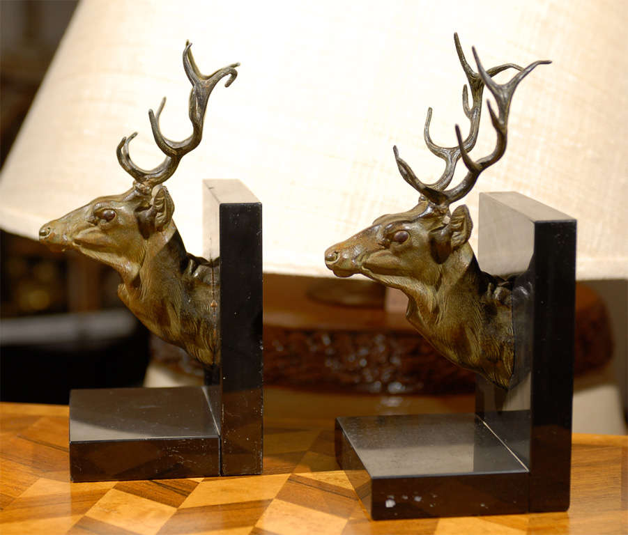 French Pair of Bronze Stag Head Bookends