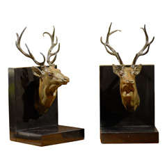 Vintage Pair of Bronze Stag Head Bookends
