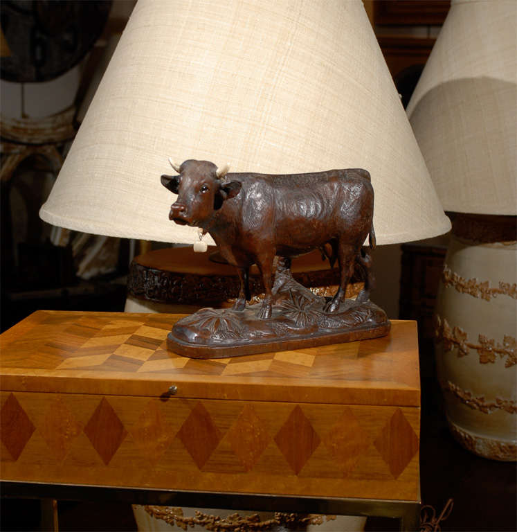 Carved Black Forest Cow on Base